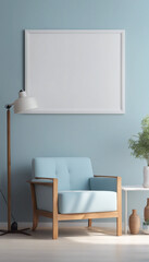 White armchair with wooden accents placed beside a blank picture frame on a light blue wall in this