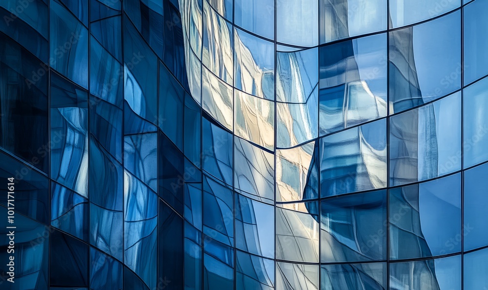 Poster abstract reflection patterns created on the curved glass facade of a modern high-rise building, capt