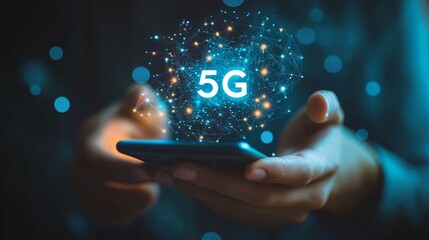 A close-up shows hands holding a smartphone, with a glowing 5G symbol.  The glow reflects speed and connectivity, symbolizing the power of modern mobile internet technology.
