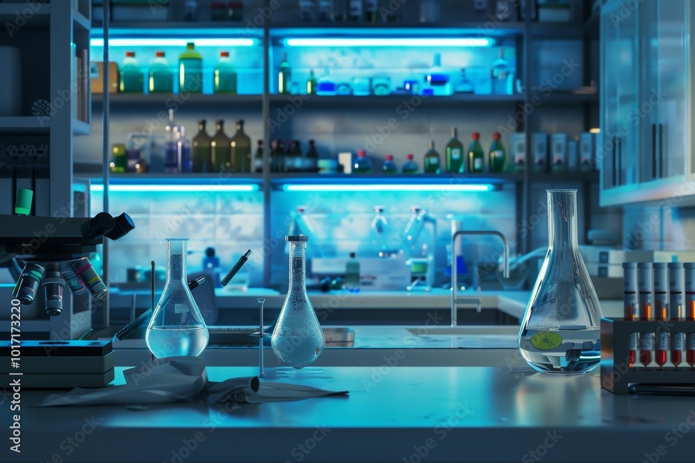 Poster Lab equipment is arranged on a countertop with beakers and a microscope, while colorful liquids glow in the background's shelves. Generative AI