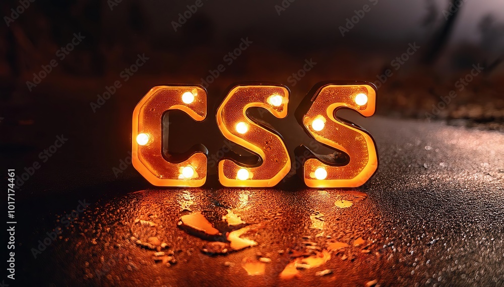 Poster creative illuminated css letters on wet surface