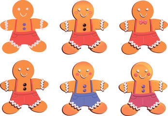 Christmas gingerbread man vector drawing set clip art New Year design decoration element holiday cookie in red pants Hand drawn flat illustration positive Cute character icon happy holidays symbol art