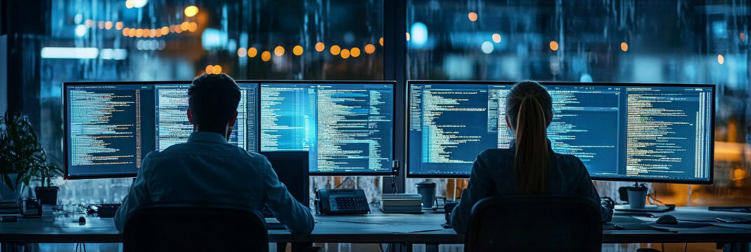 Algorithms team designing and testing efficient sorting and searching algorithms in a collaborative office with copy space