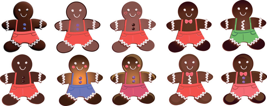 Chocolate Christmas gingerbread man vector drawing set clipart New Year design decoration element holiday brown cookie red pants Hand drawn flat illustration positive Cute character icon happy holiday