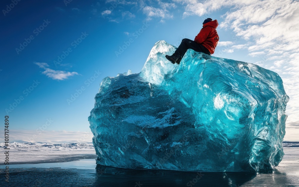 Poster a man in a red jacket is sitting on top of a blue ice block, isolated against the background of an a