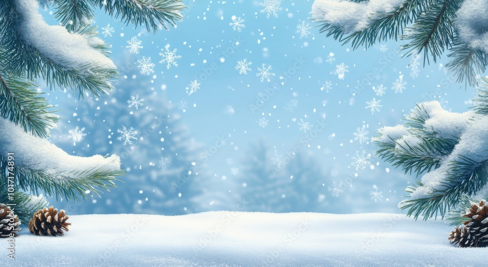 Aufkleber snowy winter background with pine branches and snowflakes, creating an atmosphere of joy of christma
