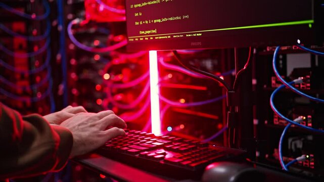 Close up of a man trying to fix an error on a computer in a server room