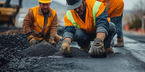 Construction Workers Examining Asphalt
