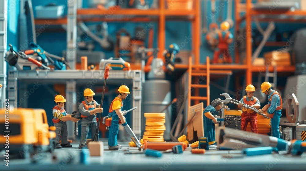 Aufkleber A skilled repair team collaborates at the construction site, using various tools and organizing materials for efficient work. Generative AI
