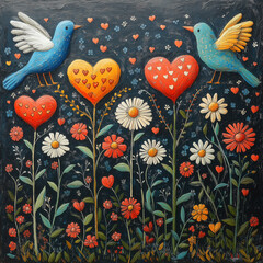 Fototapeta premium Black textured background with painted birds, flowers and hearts.