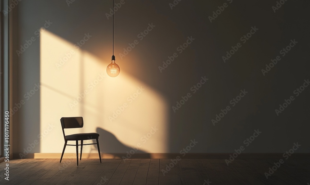 Poster minimalist scene of a single light bulb hanging from a simple wire in an empty room, casting a soft,