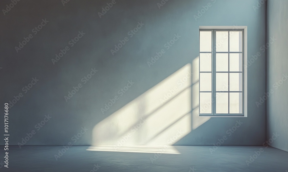 Poster minimalist shot of a single window in a plain wall, with soft light casting gentle shadows, creating