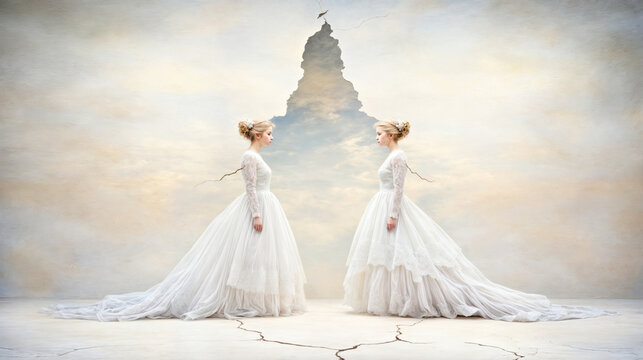 Surreal Mirror Image: Two Brides Reflecting in Cracked Wall with Dreamy Sky Backdrop