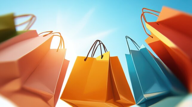 Radiant shopping bags in various hues circle around, illuminated by sunlight against a bright blue sky, highlighting happiness and a lively shopping spirit.