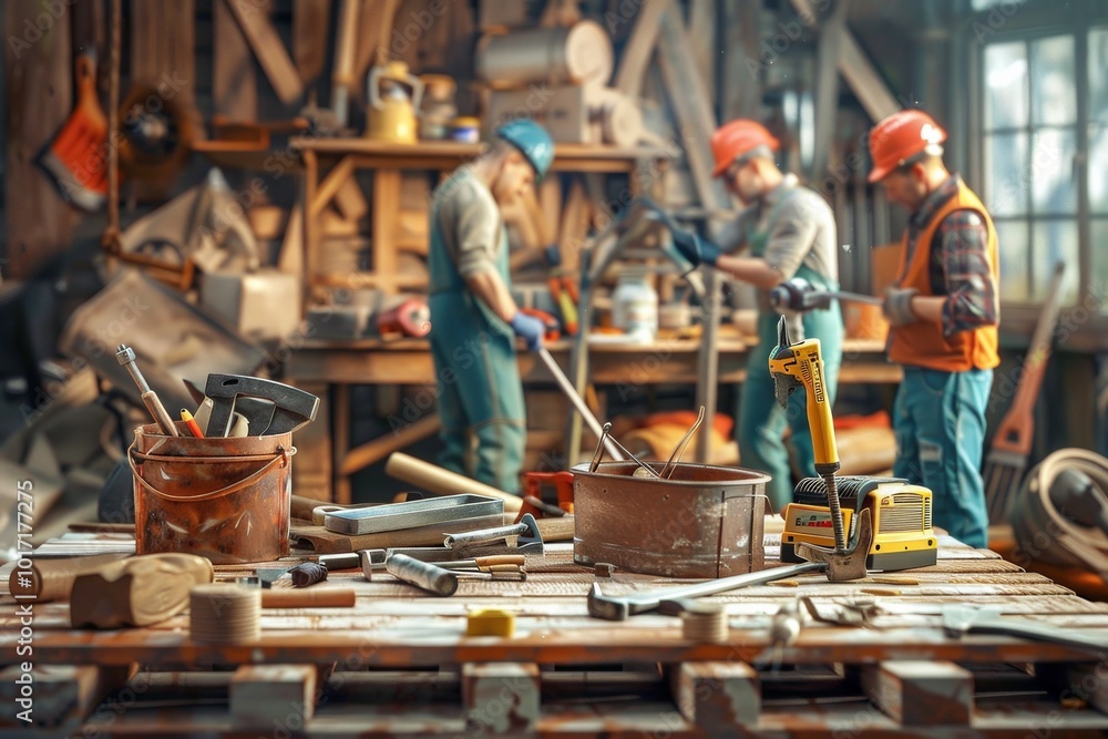 Aufkleber A repair team collaborates in a workshop, utilizing tools and materials for ongoing projects amid a busy workspace. Generative AI