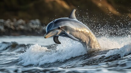 Obraz premium Dolphin Leaping Out of Crashing Ocean Wave in Tropical Seascape
