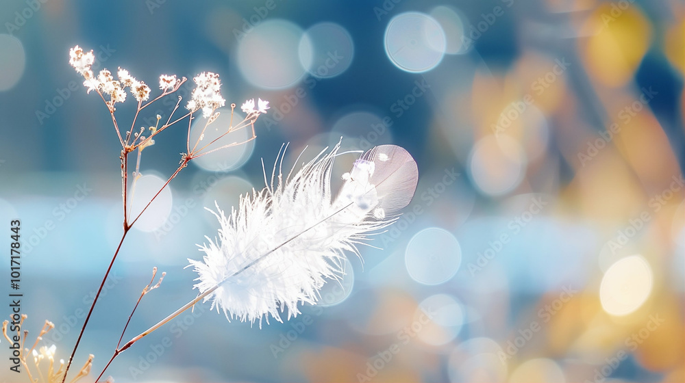 Poster feather on plants in soft focus with bokeh background