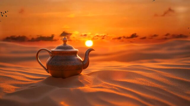 Tea pot over the sand of desert at sunset scenery with empty space