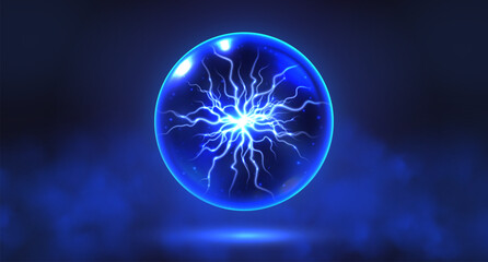 Crystal magic ball with smoke, mystic prophecy orb with lightning inside, oracle sphere with sparkling stars and electric charge. Fantasy vector illustration.