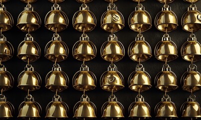 Fototapeta premium Symmetrical arrangement of Christmas bells in a grid pattern, with each bell perfectly aligned and polished