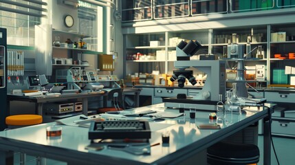 Fototapeta premium The laboratory features a range of scientific instruments, workstations, and materials illuminated by natural light, emphasizing research preparation. Generative AI