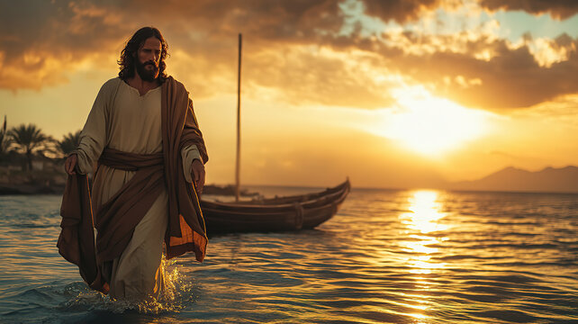 Walk on Water, Jesus Christ walking on the sea of Galilee with beams of light