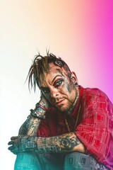 Tattooed male model with unique hairstyle against a colorful gradient background.