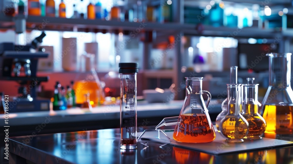 Poster laboratory work showcases various glassware filled with colorful liquids, highlighting an active res