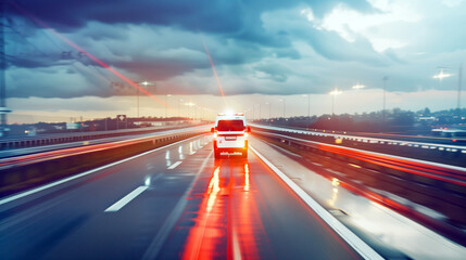 Ambulance racing down wet highway with dramatic sky and streaking lights