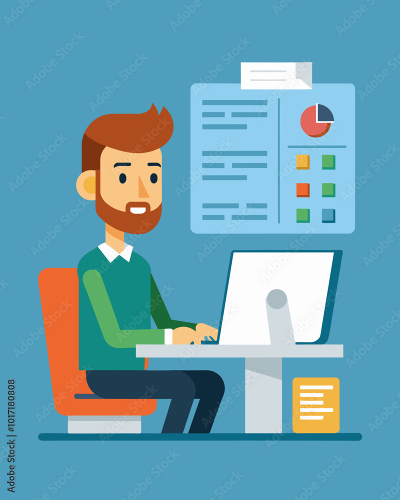 Poster a man sits in front of his computer updating his resume and browsing job listings. his reduced work 