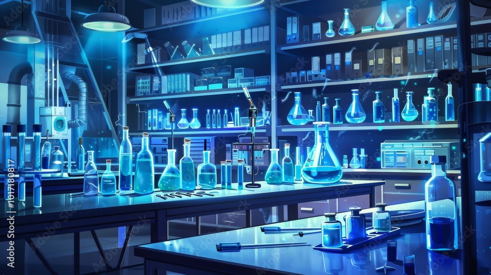 Leinwandbilder the laboratory displays various bottles and flasks with blue liquids, emphasizing a well-organized s