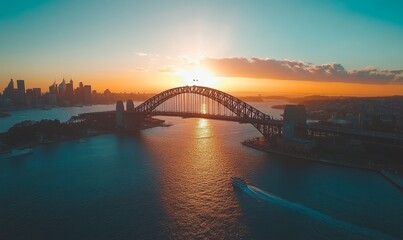 Obraz premium harbor bridge and bay, aerial view at sunrise