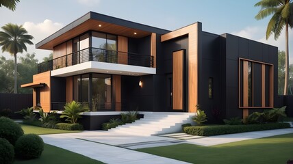 Modern luxury minimalist cubic house, villa with wooden cladding and black panel walls and landscaping design front yard. Residential architecture exterior.