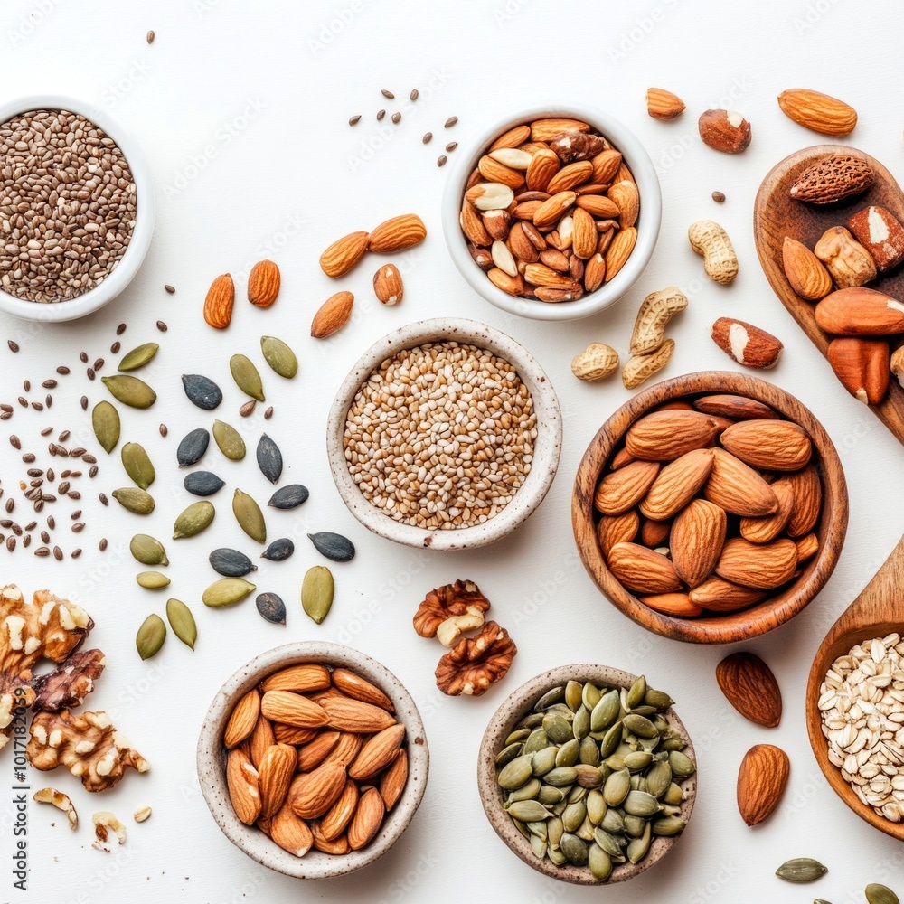 Poster a vibrant display of assorted nuts and seeds in bowls on a clean surface. perfect for health enthusi