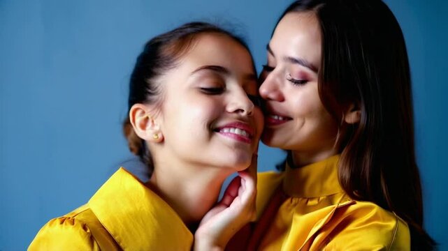 Portrait de deux femmes en jaune, complicit&eacute; et tendresse
