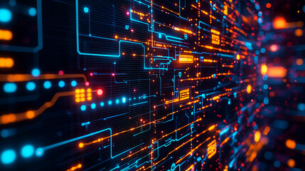 Fototapeta premium Futuristic AI scanning system with neon circuit elements for data breach detection and cybersecurity