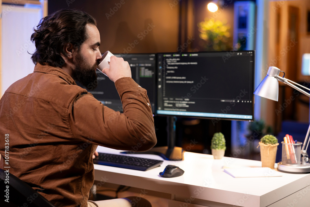 Poster engineer drinking coffee in the morning and futureproofing company network from downtimes and unexpe