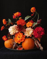 Autumn Still Life with Pumpkins and Flowers on Black Background