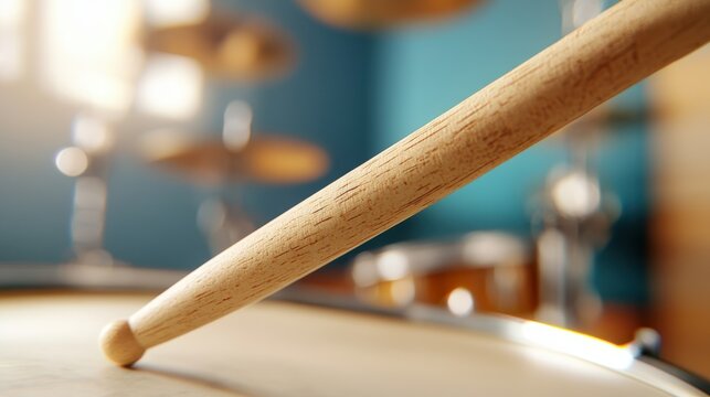 A classic representation of a drumstick resting against a drum in a studio setting, captured with elegance highlighting the timeless art of drumming.