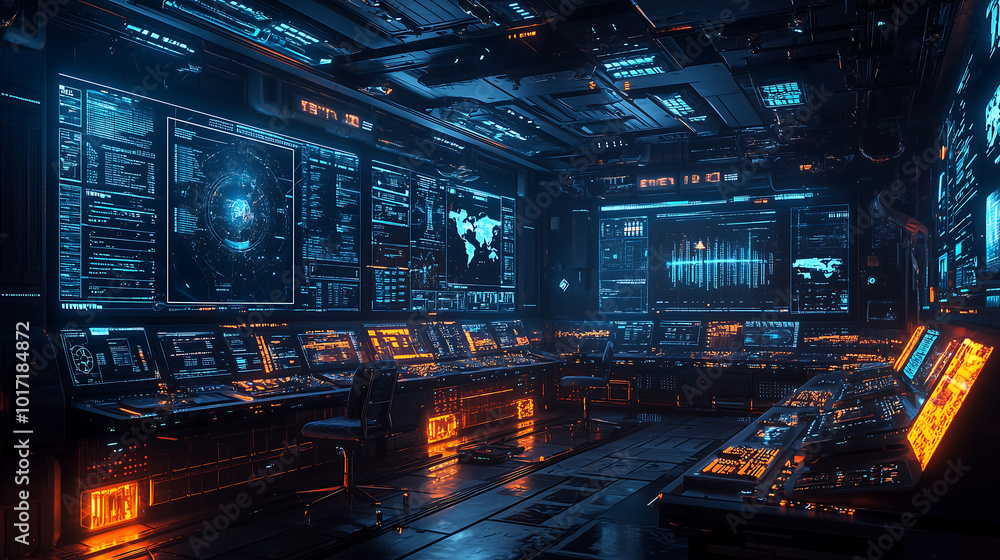 Poster ai driven cyber defense system monitoring real time threats in futuristic control room