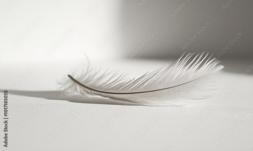 Poster minimalist close-up of a single feather lying on a smooth, white surface, with delicate shadows and 