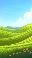 Obraz premium Vibrant green hills with colorful flowers under a bright blue sky.