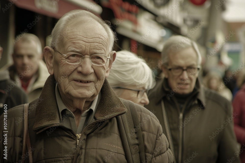 Wall mural portrait of a senior man with glasses on a city street.