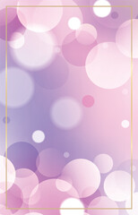 Blurred lilac and pink delicate flyer background, gradient in golden frame. Abstract shining and bright lights, bokeh effect.