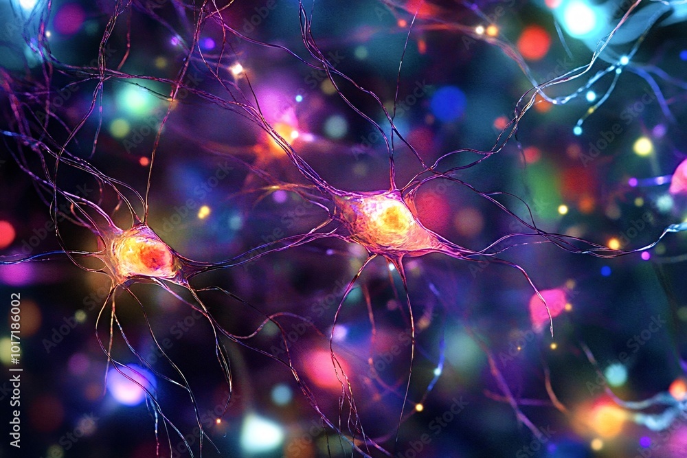 Poster 3d illustration of active neurons firing and communicating with each other in a network of synapses.