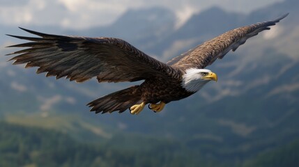 Naklejka premium Bald eagle in flight against a mountain backdrop.
