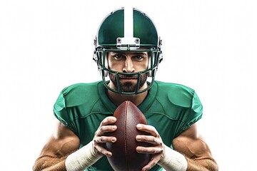 Professional american football player wearing a green uniform is holding a football and looking forward with an intense expression on his face