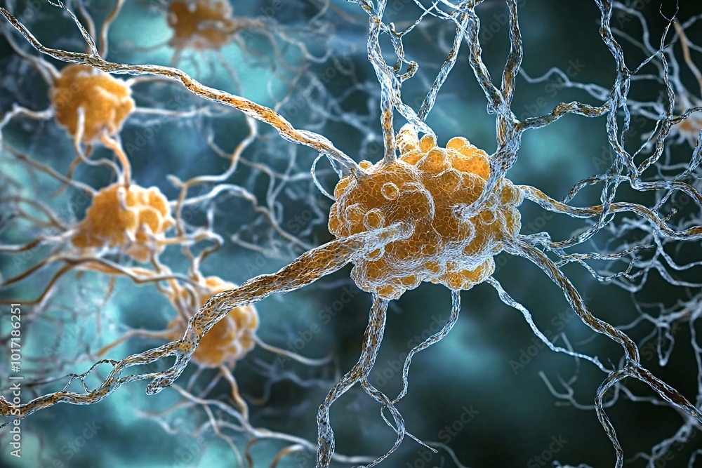 Poster 3d illustration of a neural network showing neurons connecting to each other inside the brain, an in