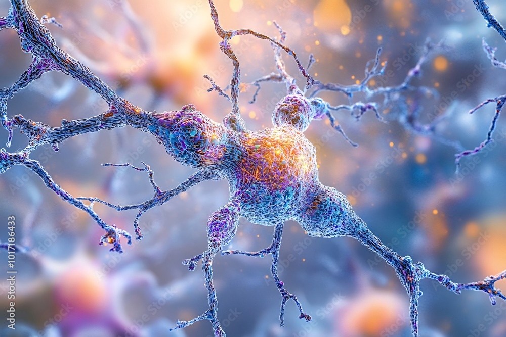Poster vibrant 3d illustration of neuron cell firing and transmitting signals in brain. abstract and micros