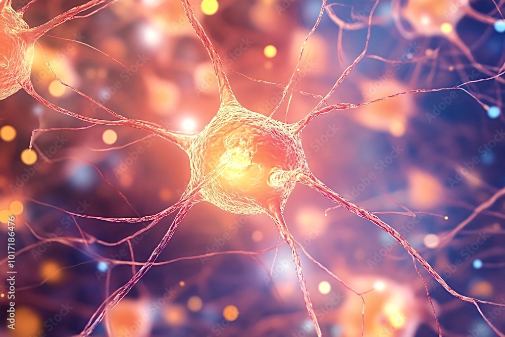Poster 3d illustration of active neurons firing and making connections in an abstract brain environment. th